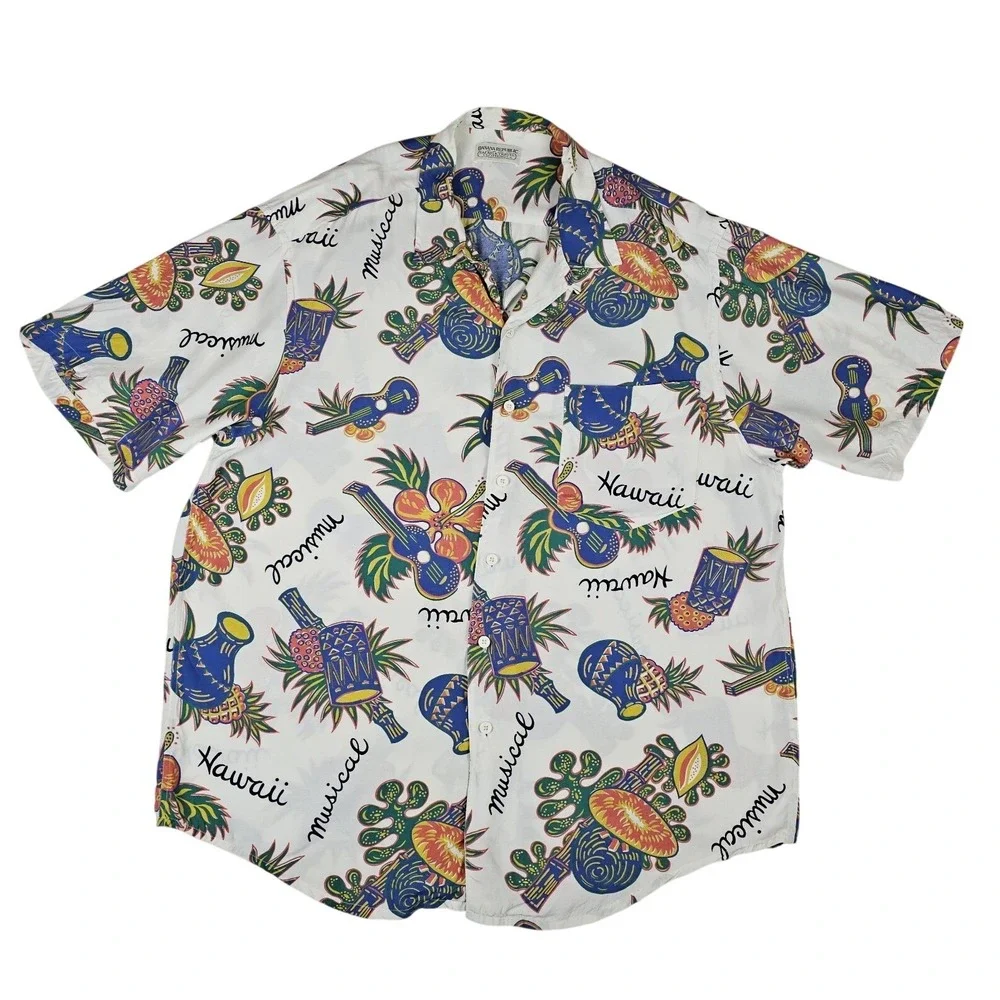 VTG Banana Republic Safari Travel Rayon Hawaii Camp Shirt Mens 2XL Aloha 80s